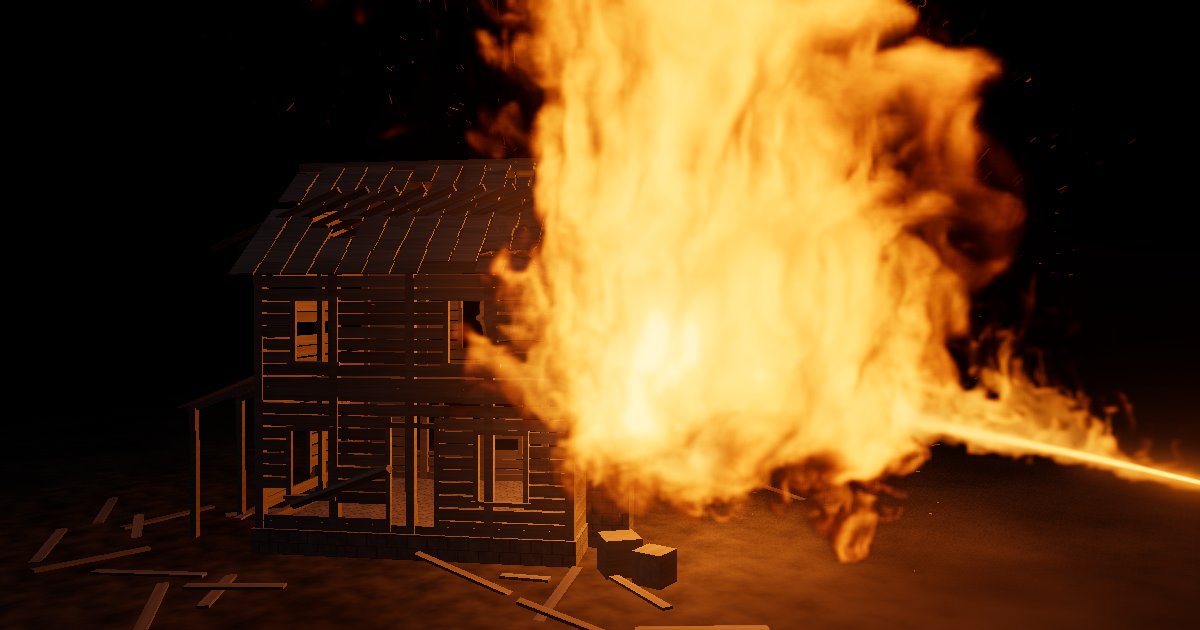 Un jet de feu qui embrase une maison en bois la nuit