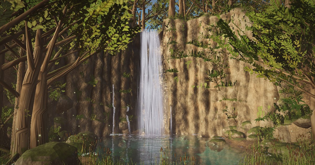 Une cascade dans une gorge moussue au crépuscule, rayons de lumière dans la brume
